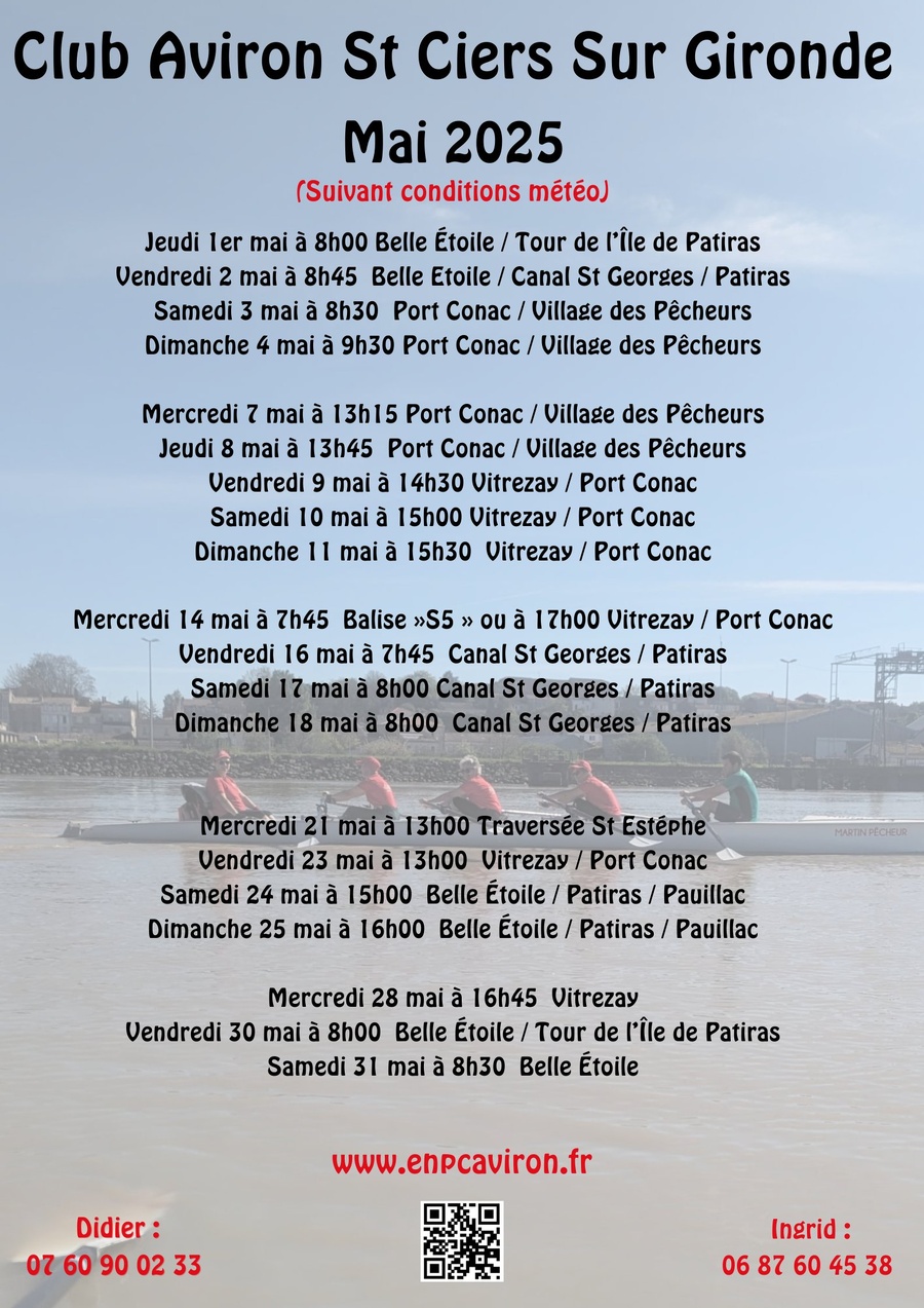 Planning Aviron mois de mai 2025