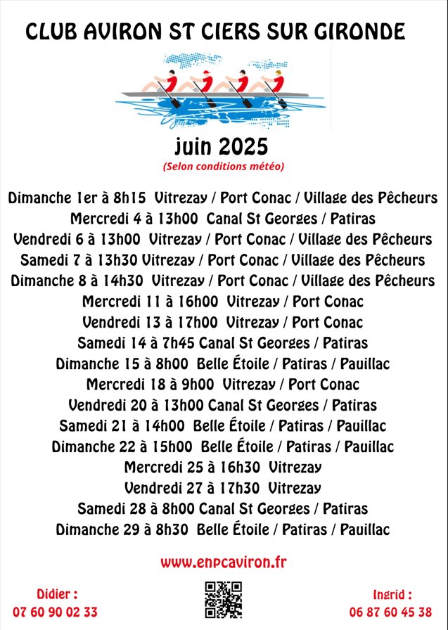 Planning Aviron mois de juin 2025