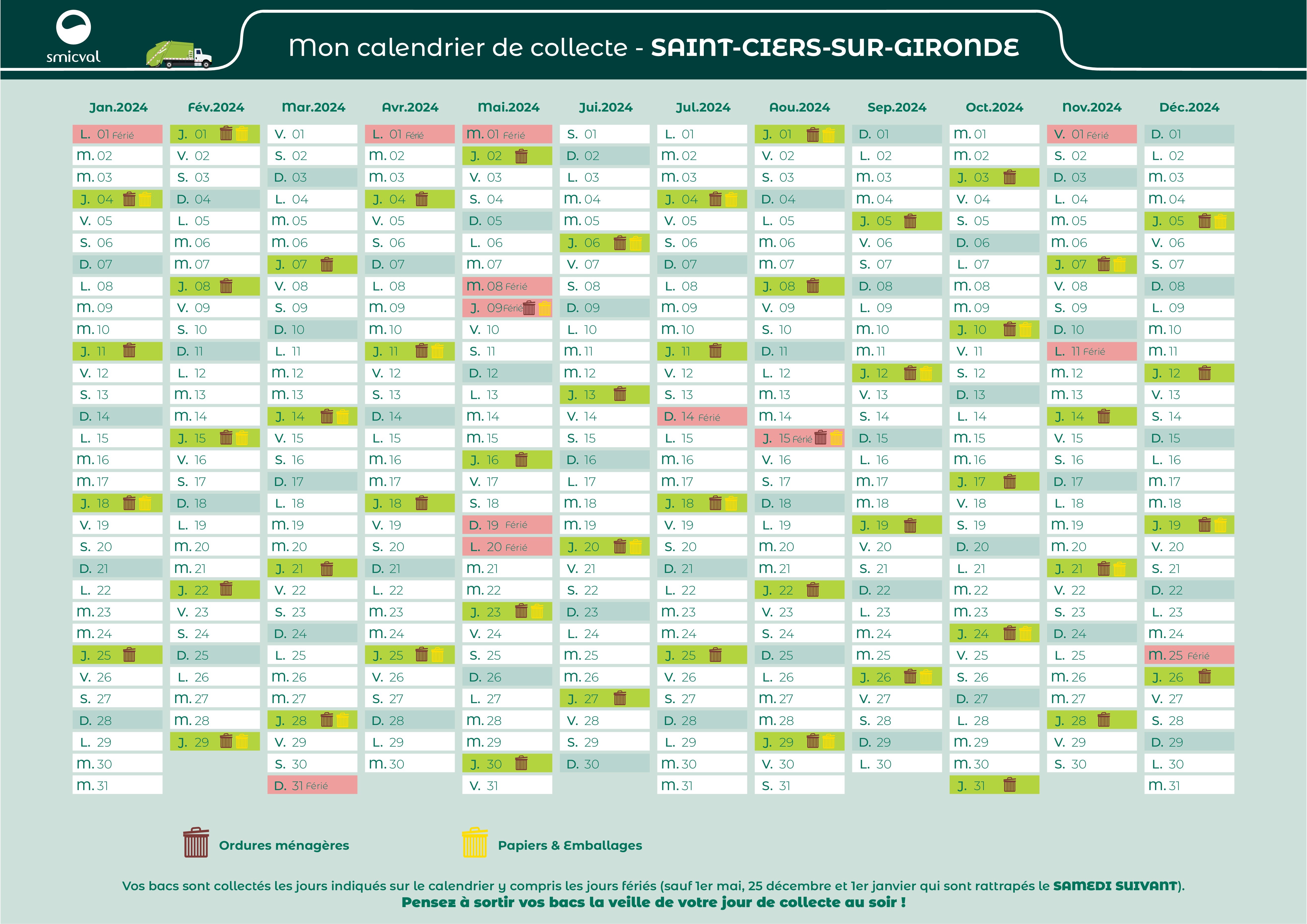 Calendrier de collecte SMICVAL 2024