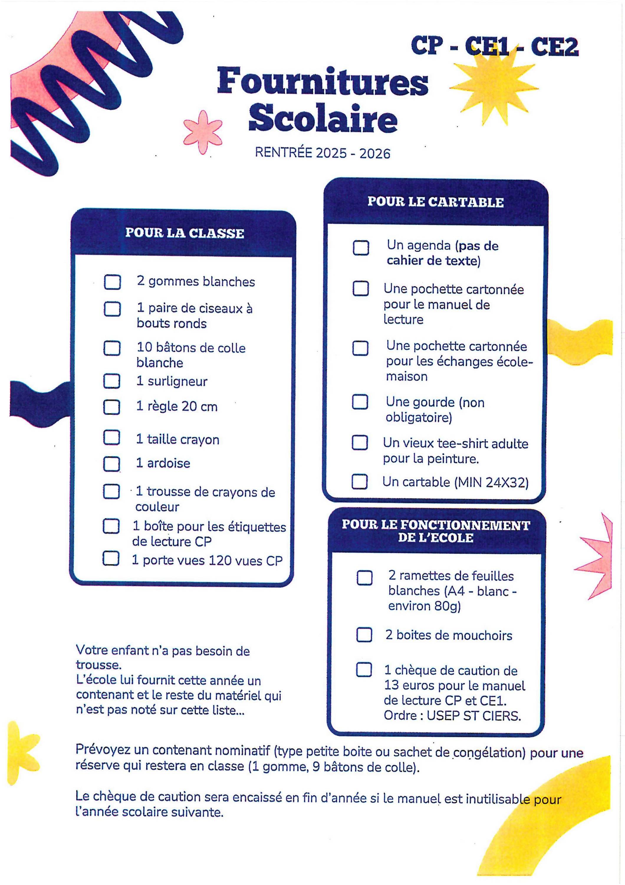 Liste fourniture école élémentaire  Georges Brassens CP-CE1-CE2
