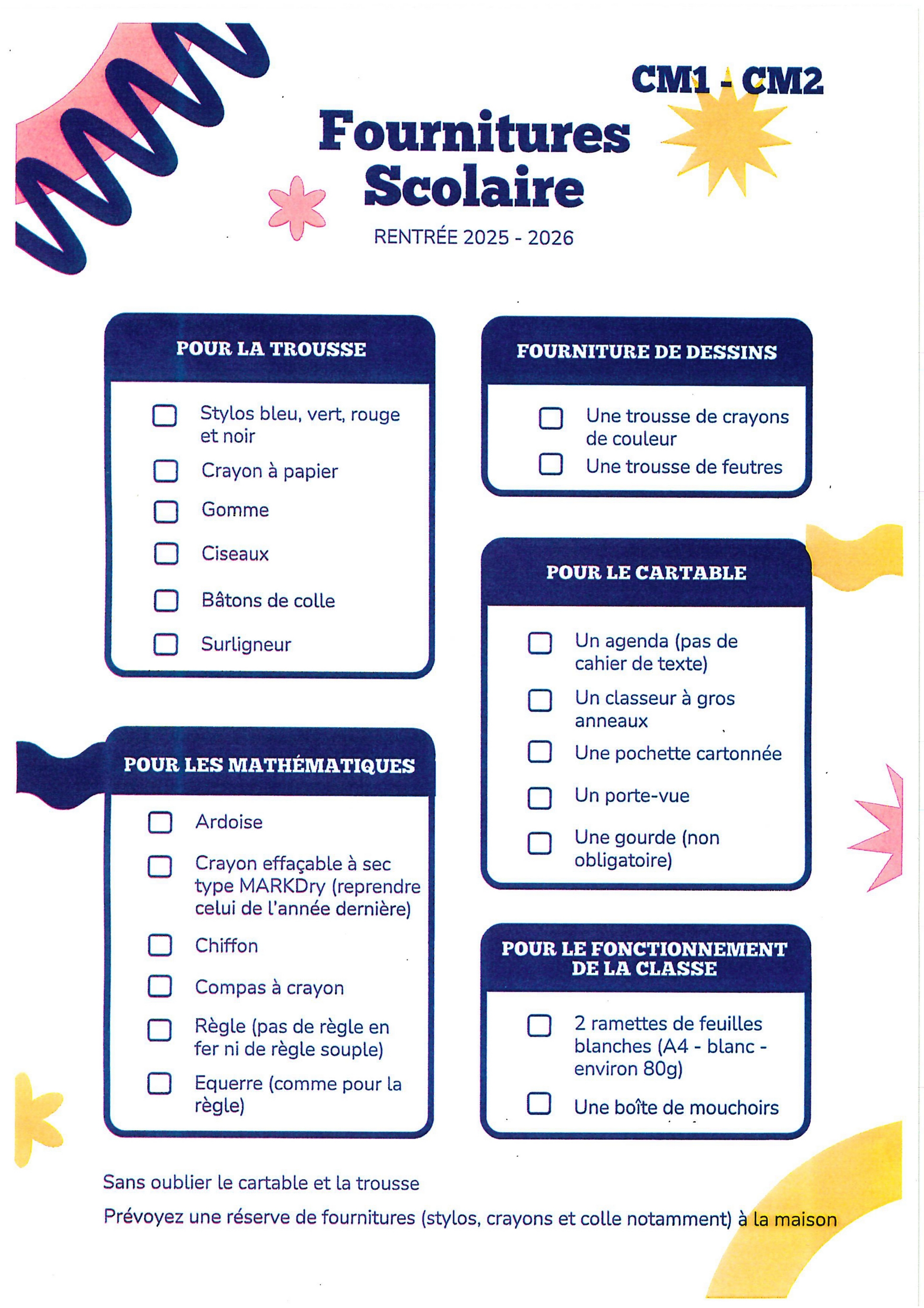 Liste fourniture école élémentaire Georges Brassens CM1-CM2